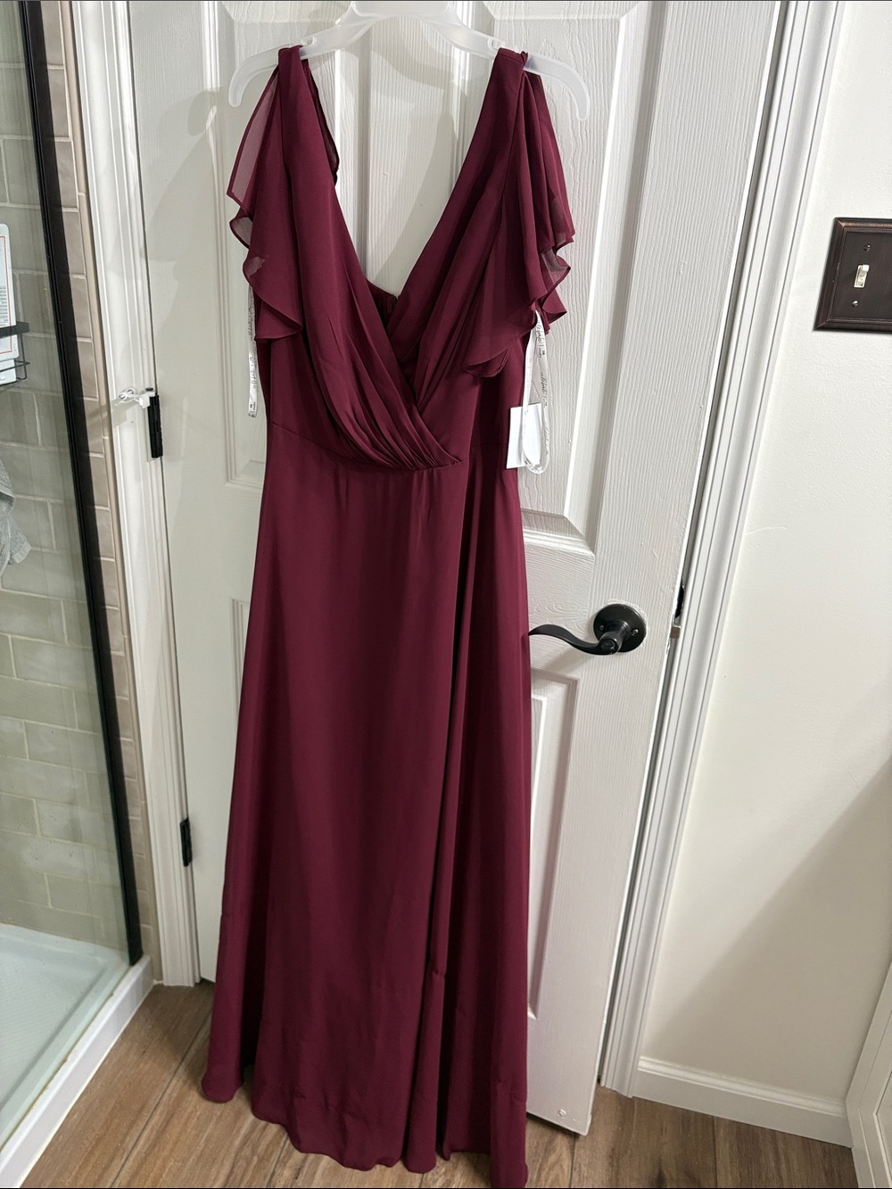 David's Bridal Burgundy V-Neck Flutter Sleeve Maxi Gown